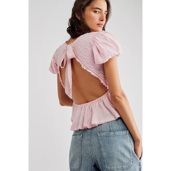 Free People Large Charlotte Sugar Spoonful Ruffled v neck Open back Pink top - Picture 7 of 8